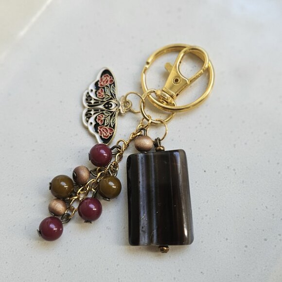 Butterfly Charm Beaded Keychain with Brown Stone Accent - Picture 5 of 7